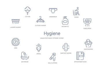 hygiene concept 14 outline icons - obrazy, fototapety, plakaty
