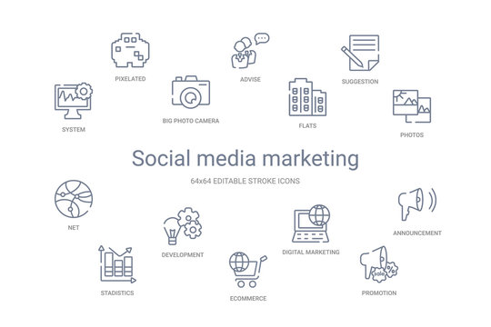 social media marketing concept 14 outline icons