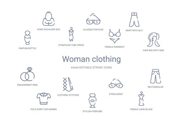 Fototapeta na wymiar woman clothing concept 14 outline icons
