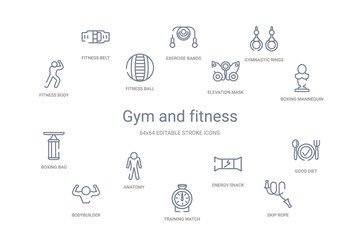 Fototapeta na wymiar gym and fitness concept 14 outline icons