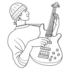 Outline Vector illustration of a young electric bass player.  monochrome cartoon drawing.