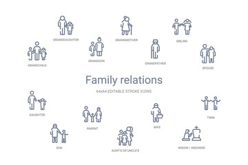 Fototapeta na wymiar family relations concept 14 outline icons