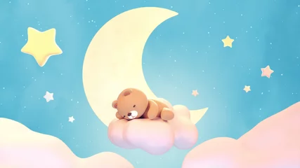 Fototapeten Cute sleeping bear on lake green color background. Beautiful pastel pink clouds, yellow crescent moon, and stars. 3d rendering picture. © tykcartoon
