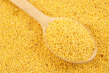 Millet with wooden spoon, top view