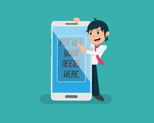 Man Holding Big Smart Phone And Point to key message, 2 