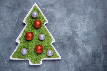 Christmas tree concept, spruce needles in porcelain plate, Christmas decorations