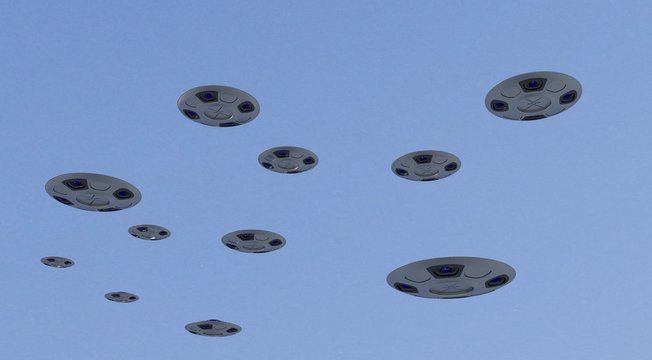 many UFO in the sky,The alien space ship ,UFO,3d render.