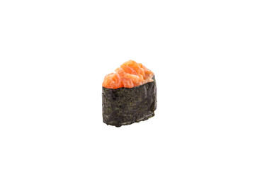 Spicy gunkan maki sushi with salmon isolated on white background