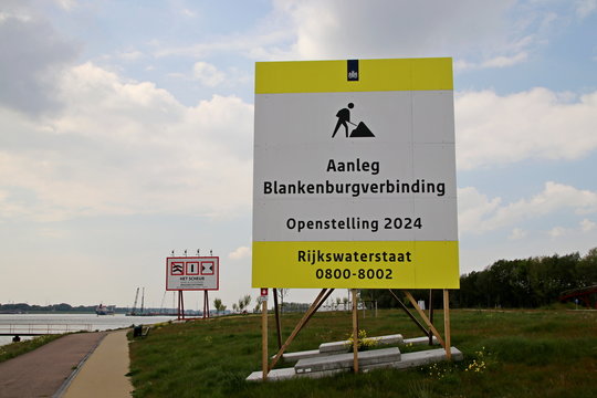 Billboard about the new tunnel Blankenburg under the Nieuwe Waterweg in the port of Rotterdam