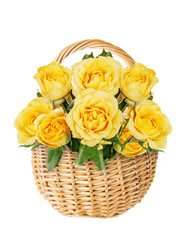 Wicker basket with yellow roses on a white background