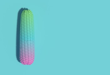 Corn cobs in vibrant bold gradient holographic neon colors. Creative composition. Concept art. 3D rendering.