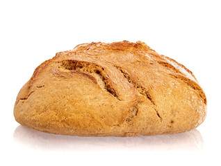 Round loaf of rye bread isolated on white background