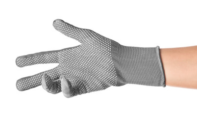 Gesture to take and give. Open palm in gray glove on isolated white background.