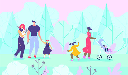 Fototapeta premium Happy Families with Children Walking in Forest