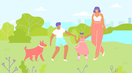 Mother and Children Walking Dog in Park Cartoon