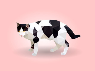 Black and white dotted cat low polygon design, pet illustration isolated on pink background.