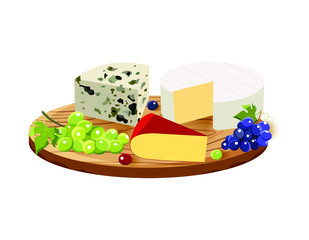 Various types of cheese with sheeses and grape on rustic wooden board. Vector set of realistic  dairy products.Isolated  collection cheese pieces  used for logo design, recipe book, advertising.