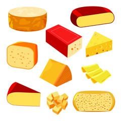 Various types of cheese with tomatoes, chili and herbs  on rustic wooden board. Vector set of realistic  dairy products. Isolated  collection cheese pieces and Slices used for restaurant menu.