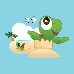 Cute baby sea turtle hatching on the beach