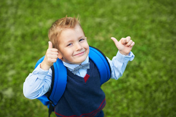 Happy little preschool kid boy with backpack posing outdoors