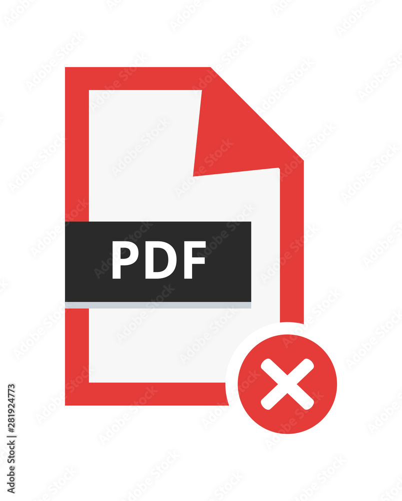 Poster Vector incorrect disapproved pdf file. Flat icon with red cancel sign – error. Symbol of not accepted portable document file for web and print isolated on a white background.