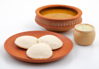 South Indian Popular Breakfast Idli or Idly Served With Sambar And Coconut Chutney