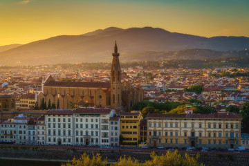 Fototapeta na wymiar Florence city skyline at sunset, Italy. Aerial cityscape panoramic view from Piazzale Michelangelo