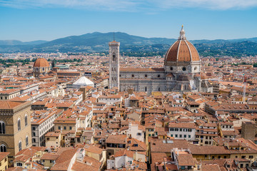 Fototapeta na wymiar Florence city skyline, Italy. Aerial cityscape view to Santa Maria del Fiore cathedral (Basilica of Saint Mary of the Flower) in the day