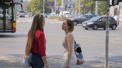 Two young pretty women friends saying goodbye kiss cheek after walk together in city