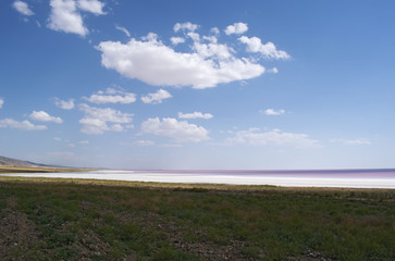 Turkey, Central Anatolia Region: aerial view of the Lake Tuz, Tuz Golu, pink and red water of the...