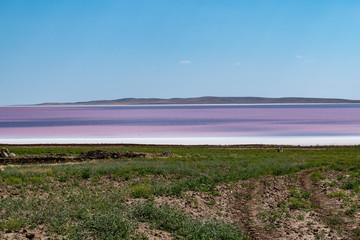 Turkey, Central Anatolia Region: aerial view of the Lake Tuz, Tuz Golu, pink and red water of the...