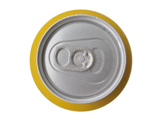 Metal tin of beer from above close up with moisture drops on a surface. Isolated on a white background