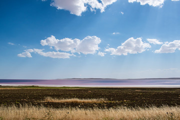 Turkey, Central Anatolia Region: aerial view of the Lake Tuz, Tuz Golu, pink and red water of the Salt Lake, the second largest lake in Turkey and one of the largest hypersaline lakes in the world