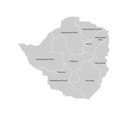 Vector isolated illustration of simplified administrative map of Zimbabwe. Borders and names of the provinces (regions). Grey silhouettes. White outline