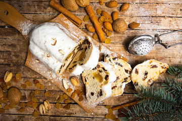 Homemade strudel with nuts on a rustic table