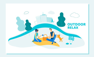 Happy Couple Dating Outdoors on Picnic with Pet.