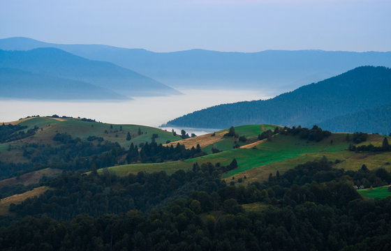 Fog in autumn, the mountains of the Carpathians in Ukraine
