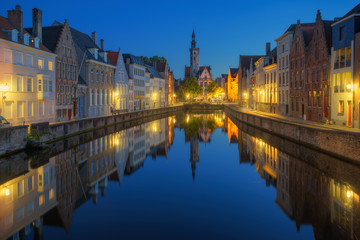 Beautiful city Bruges (Brugge) old town in Belgium at night, Europe