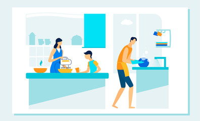 Happy Family Routine on Kitchen. Leisure, Duties.