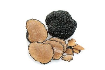 Truffle mushroom. Black gourmet truffle mushroom and slices isolated on white background