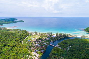 Green tropicl mangrove forest with village in Koh Kood island