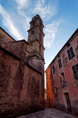 street and church of Penta di Casinca village in Corsica island