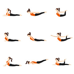 Lying on stomach yoga poses set II/ Illustration stylized woman practicing yoga postures lying on stomach