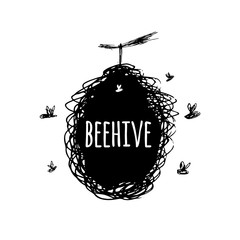 Beehive with bees, sketch, art for your design
