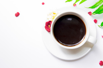 A cup of coffee on a white background And with fern leaves