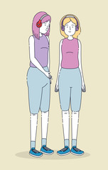 happy girls friends with headphones technology