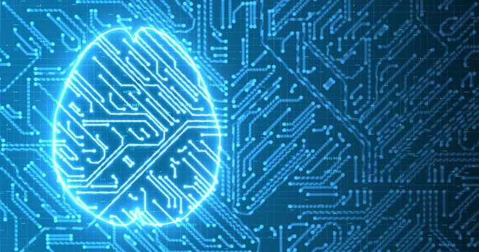 Artistic artificial intelligence human brain on circuit board.