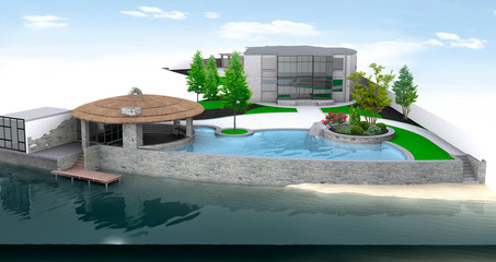 Luxury holiday villa landscaping by the lakefront, 3D render