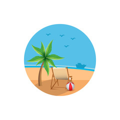 Vector illustration, rest on the beach by the sea. Round banner on the theme of summer.