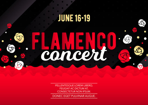 Horizontal flamenco contrast template with dark background, color graphic elements and text. 